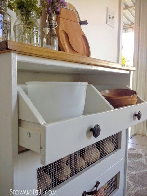 potato bin ikea hack, painted furniture, repurposing upcycling Potato Bins Storage, Diy Potato Onion Bin, Diy Potato And Onion Bin, Potato Bins Storage Plans, Vintage Potato Bin, Vegetable Storage Bin, Potato Bin, Ikea Rast Hack, Storage Ikea