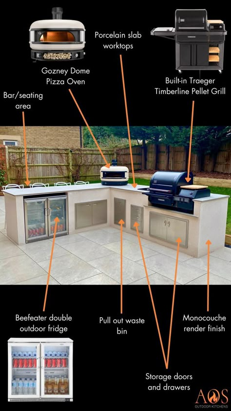 New outdoor kitchen design in this UK garden! 😊 It is the first ever client outdoor kitchen to feature a built-in Traeger Timberline pellet grill! 🔥 This outdoor BBQ area also features a Gozney Dome pizza oven and a Beefeater outdoor fridge for all this client's outdoor cooking area needs. This outdoor kitchen also features a garden bar / garden seating area, perfect for hosting garden parties and pizza nights. We love this new BBQ kitchen and how it compliments the patio design also 🏡 Gozney Dome, Outdoor Bar And Grill, Pizza Oven Outdoor Kitchen, Concrete Outdoor Kitchen, Bbq Bar, Modular Outdoor Kitchens, Outdoor Fridge, Outdoor Cooking Spaces, Outdoor Bbq Area