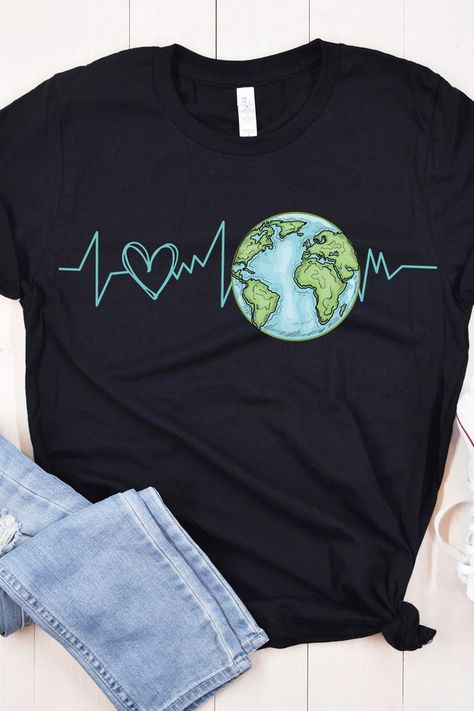 Earth Day Heartbeat Tee. makes a great gift for earth day Earth Day Shirts, Eco Club, Peggy Gou, Earth Day Shirt, Art Work Ideas, Earth Month, Club T Shirt, T Shirt Design Ideas, Eco Design