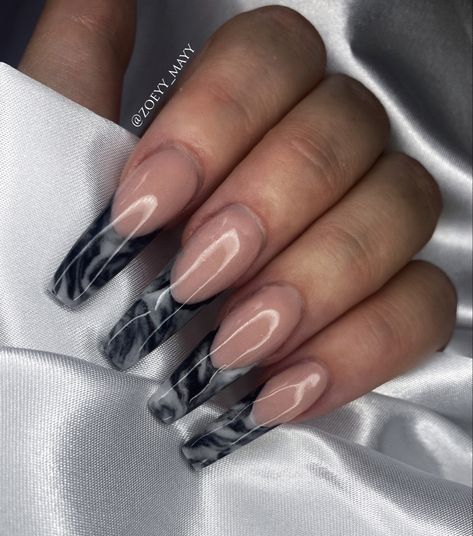 Black And Milky White Nails, Black And White Marble Nails, Marble Acrylic Nails, Reverse French, Bday Nails, Black And White Marble, Marble Nails, Milky White, Grey Marble