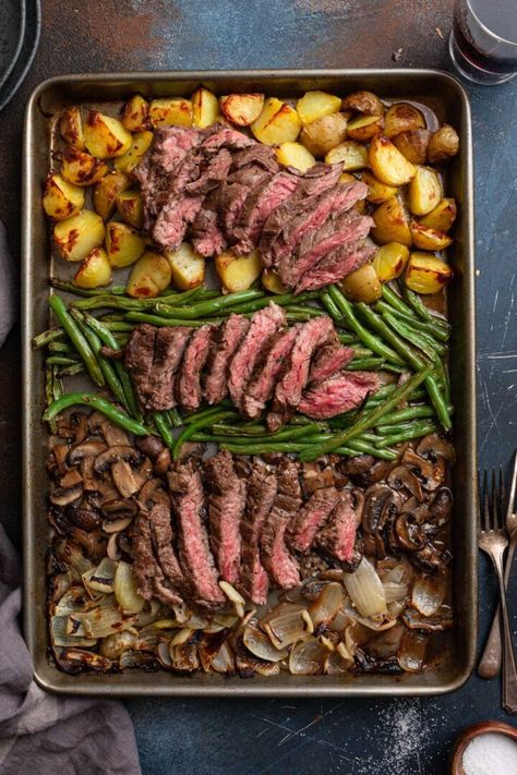 Sheet Pan Steak and Veggies | www.oliviascuisine.com | Sheet Pan Steak and Veggies is easy to assemble and even easier to clean up! A complete steak dinner consisting of juicy skirt steak, potatoes, mushrooms, green beans and onions. Nothing can beat the delicious simplicity of this meal on a busy weeknight! (Recipe and food photography by @oliviascuisine.) #sheetpan #steak #onepan #steakdinner Meals To Eat With Asparagus, Dinners With More Veggies, Sirloin Steak Meal Ideas, Meat And Veggies Recipes, Easy Ways To Incorporate Veggies, Steak Skillet Recipes, Flat Steak Recipes, Steak On Griddle, What To Eat With Steak