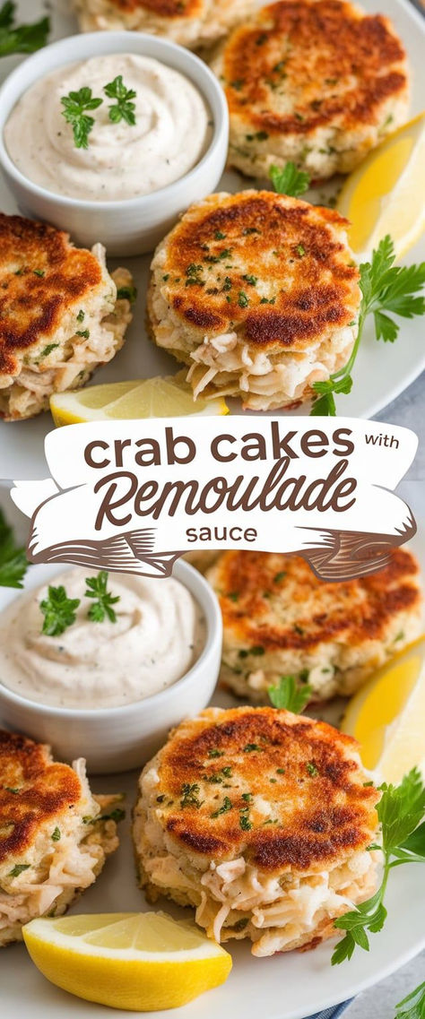 Treat yourself to Crab Cakes with Remoulade Sauce! These crispy, savory crab cakes are perfectly complemented by the creamy and tangy kick of homemade remoulade sauce. Fake Crab Cakes Recipe, Crab Remoulade Sauce, Crab Cake Topping, Surimi Crab Cakes, Crab Cakes With Sauce, Easy Crab Cake Sauce, Crab Cakes With Ritz Crackers, What Goes With Crab Cakes, Crab And Shrimp Cakes Recipe