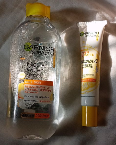 Dark spot corrector 
Garnier Micellar water Garnier Products Skincare, Garnier Aesthetic, Skincare Garnier, Vitamin C Skincare, Garnier Skin Care, Skincare Wellness, Summer Wishlist, Lavender Spa, Skincare Bundle