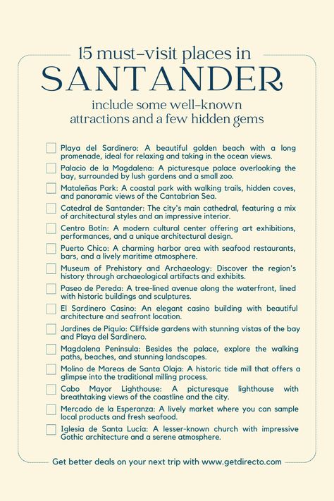 Unlock the 15 Must-Visit Places in the Heart of Santander. Save it for your next trip to Santander, Spain. More information on the link⬆️ #TravelSantander #BucketListSantander #thingtodoSantander Santander attractions | Santander activities | Santander travel | things to do in Spain | Spain attractions | Santander museums | Santander things to do Marrakesh Travel, Morocco Map, Santander Spain, Things To Do In Spain, Marrakesh Morocco, Travel Inspiration Destinations, Travel Things, Morocco Travel, Barcelona Travel