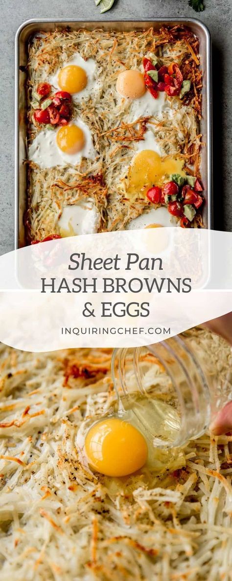 A fresh, savory breakfast all on one sheet pan! There’s no need to break out a skillet when you can bake hash browns and top them with eggs right in the oven. Finish it all with fresh avocado and tomato salsa. Sheetpan Eggs In The Oven, Fried Eggs In The Oven, Breakfast Sheet Pan, Oven Eggs, Brunch Meals, Eggs With Avocado, Avocado And Tomato, Easy Egg Recipes, Freezable Meals