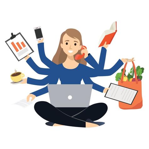 Multitasking. Busy woman with many arms doing many tasks at the same time. Vector flat illustration concept freelancer character work from home office. Time management. Data Analysis. Businesswoman Time Vector, Work From Home Office, Office Time, Busy Woman, Weekly Cleaning Schedule, House Cleaning Checklist, Online Dating Advice, Cityscape Photos, Logo Banners