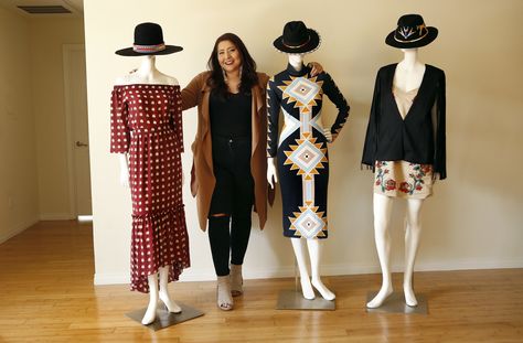 Fashion Designs by Bethany Yellowtail 2017 three of her designs, from left, a women's elk tooth-print dress, a sun road women's dress and a leather fringe cape, on display at her studio in Valley Village Bethany Yellowtail, Boho Cowgirl Style, Fringe Cape, Cowgirl Fashion, Valley Village, Boho Cowgirl, Girl Things, Native American Fashion, American Fashion