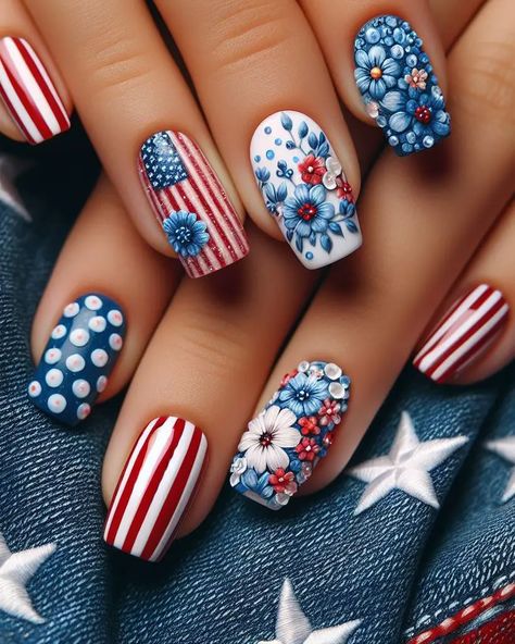 70+ 4th of July Nail Art Ideas: Star-Spangled Perfection Effortlessly | Pocoko Red White And Blue Nail Designs, 4 Of July Nails, Forth Of July Nails, Red White And Blue Nails, Rockabilly Nails, 4th Of July Nail Art, Patriotic Nail, 4th Of July Nail, Patriotic Nails Design