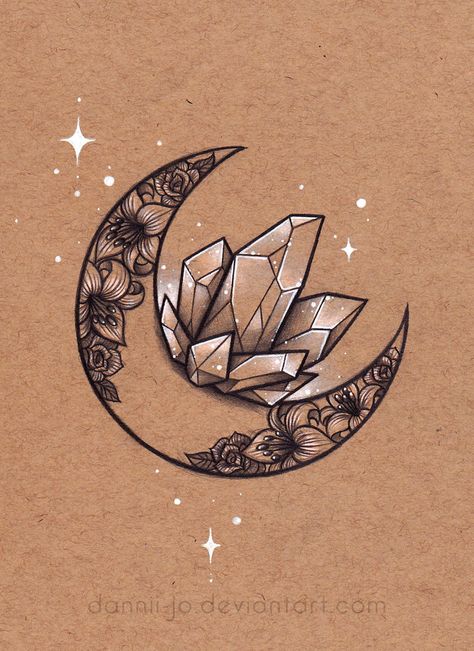 Crescent Moon, Crystal Cluster - Commission by dannii-jo Crowd Food, Lily Tattoo Design, Unique Butterfly Tattoos, Crystal Tattoo, Food Budget, Kunst Tattoos, Budget Recipes, Frog Tattoos, Celtic Tattoo