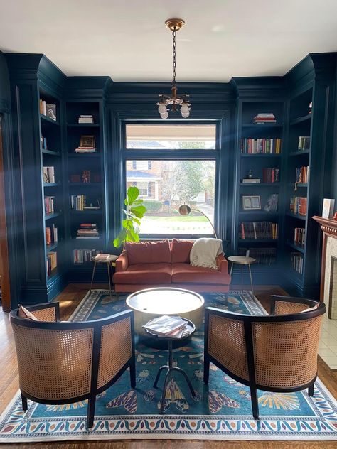 Dark Blue Library Room, Dark Blue Bookshelves, Navy Bookshelf, Blue Library Room, Dark Blue Library, Blue Craft Room, Navy Bookcase, Navy Library, Built In Library Wall