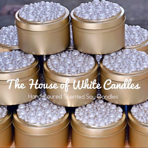 Hand-Poured Scented Soy Candles Embellished with Pearls for wedding favors, bridal shower, engagement party, baby shower, christening, sweet16, etc. #thehouseofwhitecandles Pearls For Wedding, Weddings Gifts, Candle Wedding, Candle Wedding Favors, Hand Candle, White Candles, Scented Soy Candles, Quinceanera, Hand Poured