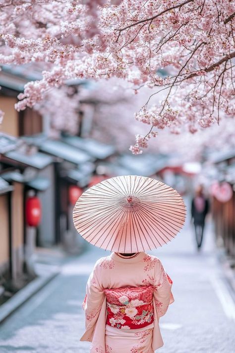 "Experience the magical bloom of cherry blossoms in Kyoto this spring! 🌸🍃 Explore serene temples and picturesque gardens as nature awakens in a sea of pink and white. 🏯✨ #KyotoSpring #CherryBlossoms #TravelJapan" Cherry Blossom Umbrella, Japan Spring Fashion Cherry Blossoms, Spring Blossom Photoshoot, Kimono Photoshoot Japan, Japan Spring Fashion, Japan Photoshoot, Kyoto Temple, Japan Spring, Japan Cherry Blossom