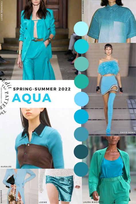 Aqua Blue Fashion Trends from Paris Fashion Week, Milan fashion week, New York fashion week. David Koma Mini dress, Loewe sequin Skirt, Nanushka, Gauchere, Laura Biagiotti, Luisa Spagnoli, etc, Aqua Blue Aesthetic, Aqua Blue Outfit, Ss23 Fashion Trends, Fashion Forcast, 2024 Predictions, Anthropologie Display, Summer Color Trends, Turquoise Clothes, Fashion Week Milan