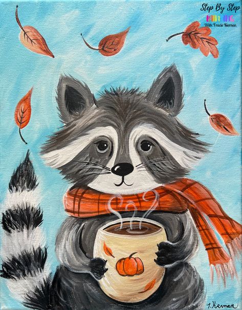 Cozy Fall Raccoon - Acrylic Painting Tutorial Three Painting Set, Fall Paintings On Canvas Easy Tutorial, Acrylic Paint Ideas Easy, Acrylic Paint Ideas For Beginners, Raccoon Painting Easy, Fall Paintings On Canvas Easy Step By Step, Raccoon Art Projects For Kids, Painting Ideas Autumn, Fall Painting Tutorial