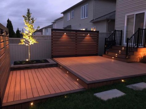 Backyard Deck Lighting, Trex Privacy Wall, Composite Deck Privacy Wall, Townhouse Deck Ideas, Outside Deck Ideas, Wood Deck Ideas, Trex Deck Ideas, Composite Deck Ideas, Deck Lighting Ideas