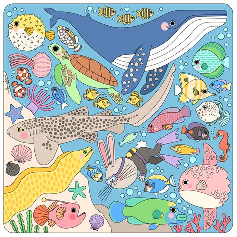 Sea Creatures Illustration, Creatures Illustration, Ocean Illustration, Cartoon Fish, Kids Crafting, 캐릭터 드로잉, Disney Junior, Colorful Paintings, Ocean Life