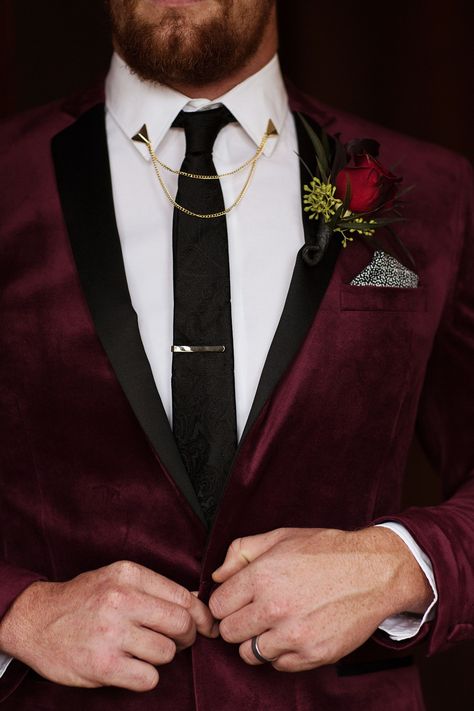 Winter Wedding Groom Style Velvet Burgundy Blazer - ASOS Black Tie Gold Collar Tips and Chain Gold Tie Bar Hawkinson Events Mens Wedding Suits Burgundy, Burgundy And Black Groom, Maroon Velvet Suit Men, Christmas Wedding Mens Attire, Red Velvet Groom Suit, Burgundy Velvet Suit Men, Black Maroon And Gold Wedding, Dark Red Wedding Suit, Italian Wedding Attire