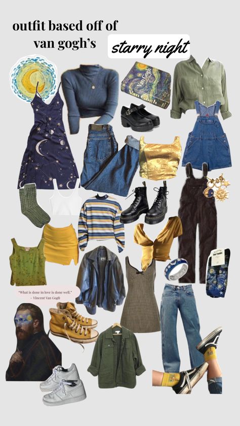 #art #moon #stars #vangogh Starry Night Inspired Outfit, Van Gogh Inspired Outfit, Outfits Inspired By Songs, Van Gogh Outfit, Starry Night Outfit, Art Mom Aesthetic, Shifting Script, Art Ho, Mood Bored