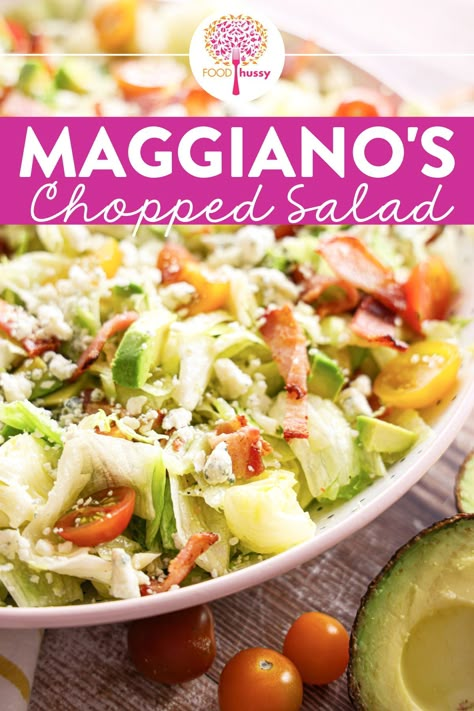 Maggiano's Chopped Salad is a classic and a fan favorite! Crisp lettuce topped with tomatoes, bacon, avocado and blue cheese tossed in a sweet and savory light house vinaigrette. Add grilled chicken or salmon to make it a meal! Maggianos Chopped Salad, Blue Cheese Salad, Italian Chopped Salad, Italian Romance, Bacon Avocado, Sweet House, Salad Dressing Recipes Homemade, House Salad, Home Fries