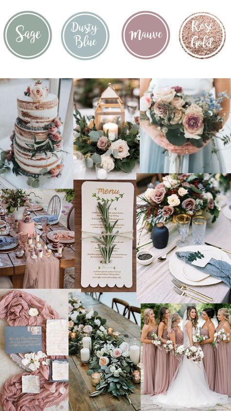 Sage Dusty Blue Mauve Rose Gold Wedding, Sage Mauve Wedding, Dusty Blue And Mauve Wedding Theme, Dusty Color Palette Wedding, Dusty Blue And Rose Gold Wedding Theme, Wedding Mauve Color Scheme, Dusty Blue Sage Green Mauve Wedding, Navy Blue Dusty Rose Sage Green Wedding, Dusty Rose And Mauve Wedding Theme