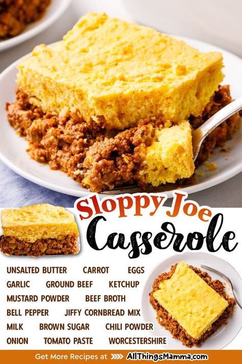 serving of Sloppy Joe Casserole served on a white round plate with a silver fork. ingredients to make Sloppy Joe Casserole. Sloppy Joe Cornbread Bake, Sloppy Joe Cornbread Casserole, Sloppy Joe Cornbread, Ground Beef And Veggies, Jiffy Recipes, Jiffy Cornbread Recipes, Beef And Veggies, Breakfast Skillet Recipes, Sloppy Joe Casserole