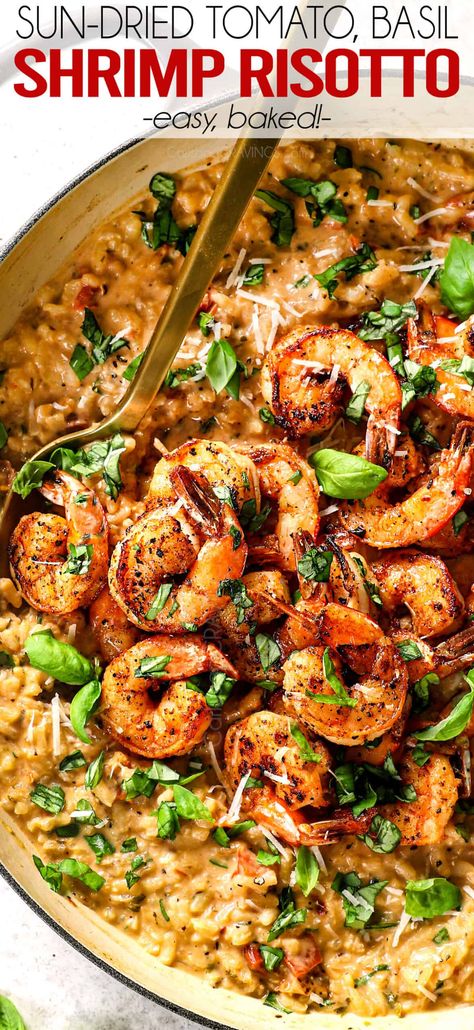 Scallops And Shrimp Risotto, Shrimp Risotto Recipes, Risotto Recipes Shrimp, Easy Baked Shrimp, Seared Shrimp, Shrimp Risotto, Tomato Risotto, Caramelized Shallots, Carlsbad Cravings