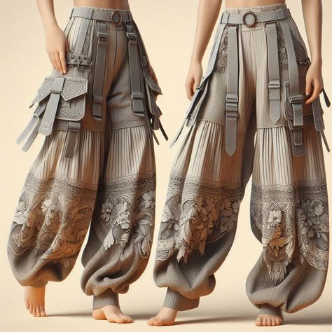 How To Make Harem Pants, Futuristic Steampunk Fashion, Creative Pants Design, Solarpunk Clothing, Solar Punk Aesthetic Fashion, Solarpunk Outfit, Baggy Pants Pattern, Solar Punk Fashion, Unique Clothing Stores