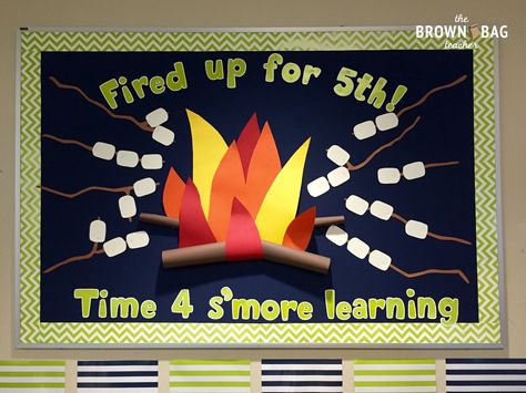 S'more learning bulletin board Graduation Bulletin Board, Star Bulletin Boards, Up Bulletin Board, Camping Theme Preschool, Elementary Librarian, Work Bulletin Boards, Camping Classroom, Reading Bulletin Boards, Camping Theme Classroom