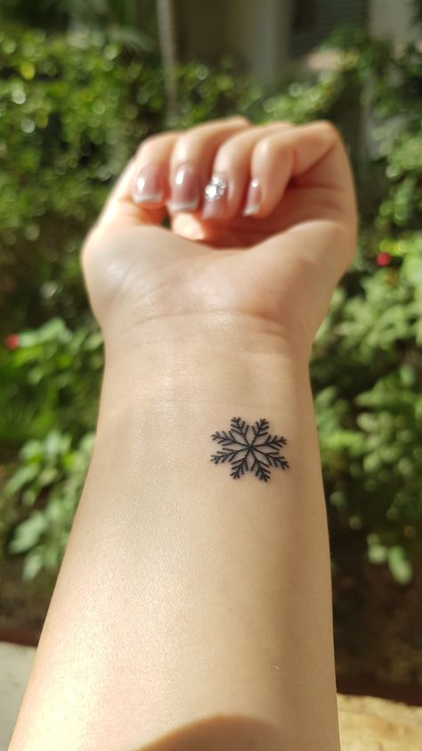 Snowflake Wrist Tattoo, Small Snowflake Tattoo Wrist Snow Flake, Fineline Snowflake Tattoo, Snow Angel Tattoo, Snowflake Tattoo Design, Cold Tattoo, Small Snowflake Tattoo, Snowflake Tattoos, Snowflake Tattoo