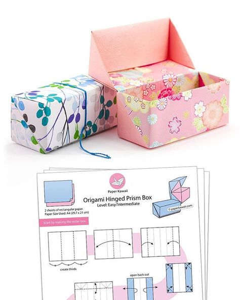 Origami Hinged Prism Gift Box - Diagram available for $1 on my shop. Hope you like it! 💗 (shop.paperkawaii.com) This origami box is easy to make using 2 sheets of rectangular paper, it doesn’t need glue 😁 #origami #origamibox #giftbox #paperfolding #paperkawaii #foldoftheday #instaorigami #modularorigami #diagram #origamidiagram #origamiinstructions #paper #paperbox #diy #diybox Diy Origami Box, Origami Kutu, Origami Box Easy, Big Gift Boxes, Origami Gift Box, Tutorial Origami, Origami Gifts, Origami Diagrams, Origami Ball