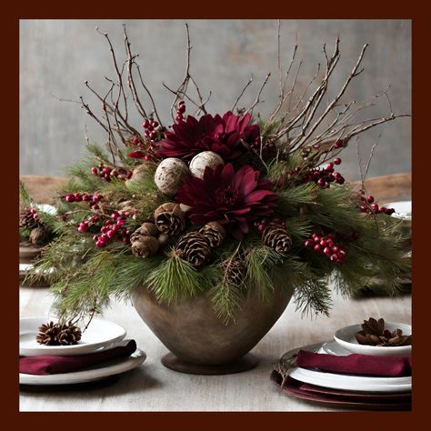 Introducing our enchanting "Burgundy Forest Evergreen Delight" Christmas Centerpiece – a harmonious blend of rich burgundy blooms and the timeless beauty of evergreen foliage and beautiful natural elements with burgundy and red toned accents. This exquisite arrangement captures the essence of the season, combining the warmth of deep red hues with the freshness of lush evergreens. This design is earthy, rustic and is designed by our floral artists in the vibes seen in the images. We will create a Burgundy And Blue Christmas Decor, Burgundy Fall Centerpieces, Evergreen Table Decor, Rustic Wedding Burgundy, Colorful Christmas Centerpieces, Christmas Arrangements Rustic, Winter Flower Decor, Flower Shop Christmas Display, Pinecone Centerpiece Christmas