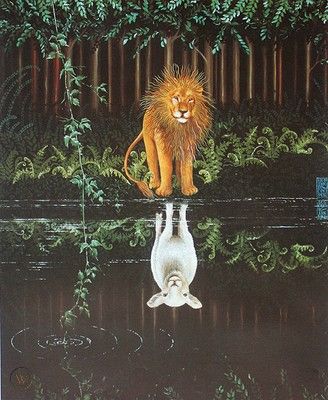 Limited Edition Lion and Lamb Art Poster by Illustrator Heather Cooper | #288987854 Lion And Lamb Art, Lion Standing, Lamb Art, Lion And Lamb, River Bank, Midnight Sun, Free Sign, Forest River, A Lion