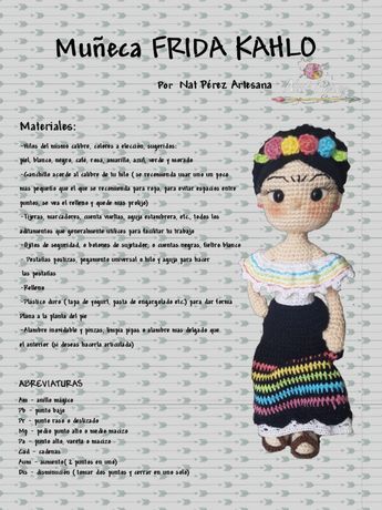 Frida Kahlo Amigurumi Free Pattern, Spanish Crochet Patterns, Crochet Olaf, Mexican Crochet, Javier Sanchez, Textile Arts, Document Sharing, Amigurumi Free, Amigurumi Free Pattern