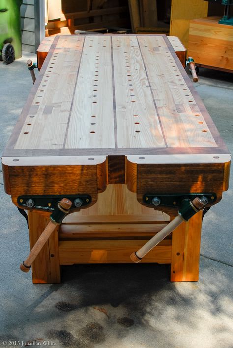 The Ambidextrous Grizz-ubo Workbench - The Unveiling | The Bench Blog Diy Shop Work Bench, Custom Work Bench, Wood Work Bench Ideas, Timber Workbench, Outdoor Work Bench, Work Bench Ideas, Carpenters Workbench, Ultimate Workbench, Craftsman Workbench