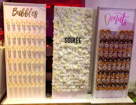 Donut Floral Arrangement, Donut Backdrop, Prosecco Wall, Donut Walls, Party Rental Ideas, Wedding Drink Station, Champagne Wall, Donut Wall, Wedding Hire