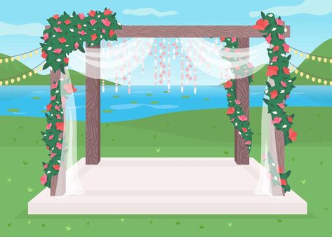 Scene Banner, Backdrop Simple, Cartoon Wedding Invitations, Wedding Aisles, Caricature Wedding Invitations, Cartoon Landscape, Arch Gate, Bride And Groom Cartoon, Mandap Design