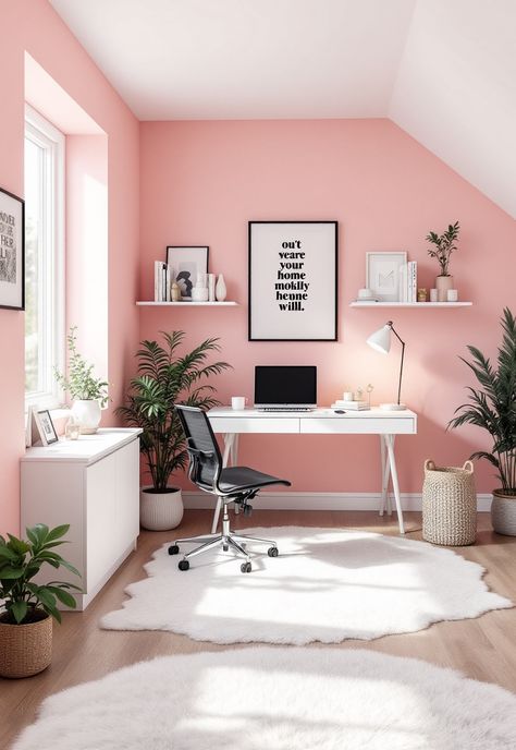 Pink Room Decor Pale Pink Office, Pink Home Office Ideas, Pink Office Walls, Pink Room Decor Ideas, Pink Office Ideas, Pink Hallway, Pink Home Office, Bedroom Office Space, Pink Dining Rooms