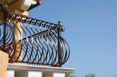 Custom Wrought Iron Balconies and Railings in Beverly Hills | ArtMex Artistic Iron Inc. Iron Railings Outdoor Balconies, Wrought Iron Balcony Railing, Rod Iron Railing, Iron Railings Outdoor, Iron Balcony Railing, Exterior Balcony, Wrought Iron Stair Railing, Front Balcony, Iron Railings