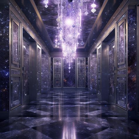 Portal Room Shifting, Hallway With Many Doors, Hallway With Doors Aesthetic, Magical Hallway, Fantasy Hallway, Hallway Of Doors, Hallway With Doors, Fantasy Castle Interior, Purple Hallway