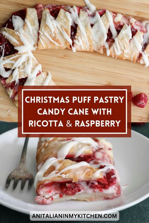 This easy puff pastry candy cane is layered with a delicious ricotta cheese and raspberry filling, shaped like a candy cane and would be a festive addition to a Christmas breakfast! It’s a simple to make Christmas danish recipe and is the perfect sweet treat for kids and adults alike. Puff Pastry Candy Cane Danish, Candy Cane Pastry, Candy Cane Danish, Christmas Pastry Recipes, Christmas Puff Pastry, Candy Cane Desserts, Christmas Danish, Gluten Free Donuts Baked, Sour Cream Donut