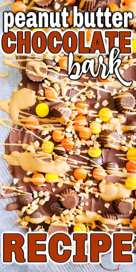 BEST PEANUT BUTTER BARK Peanut Butter Mix Ins, Chocolate Peanut Butter Banana Bark, Thanksgiving Bark Recipes, Thanksgiving Bark, Peanut Butter Bark Recipes, Peanut Butter Chocolate Bark, Peanut Butter Ramen, Cookie Bark, Peanut Butter Bark