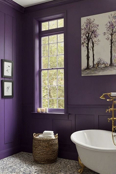 Is Vesper Violet (SW 6542) Wall paint good for Bathroom [2024] Best Guide & Review - West Pear Interiors Purple Aesthetic Bathroom, Purple And Grey Bathroom Ideas, Violet Bathroom, Bathroom Wall Paint, Contemporary Glam Living Room, Dark Purple Bathroom, Purple Wall Paint, Bathroom Purple, Bathroom Vibes