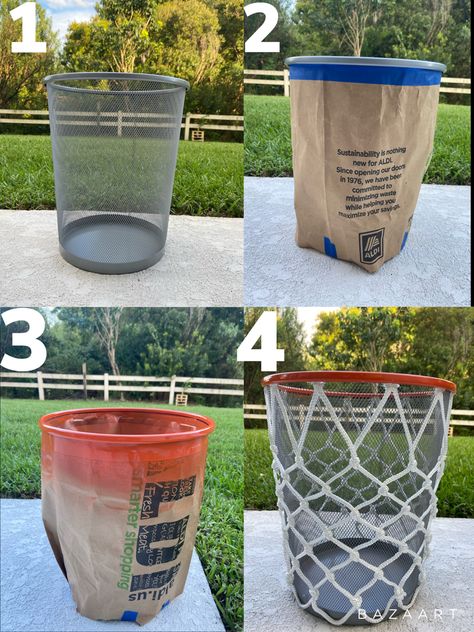 Basketball Trash Can Diy, Diy Basketball Hoop Craft, Basketball Side Table, Diy Sports Room Decor, Basketball Rim Ideas, Basketball Bathroom Ideas, Nba Bedroom Ideas, Sports Home Decor, Diy Basketball Room Decor