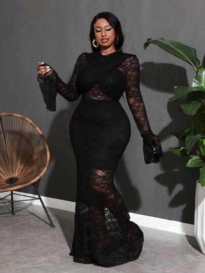 Black Sheer Dress, Bodycon Evening Dress, Maxi Bodycon Dress, Formal Dresses With Sleeves, Trumpet Sleeve, Fish Tail, Ruffle Hem Dress, Slim Fit Dresses, Glam Dresses