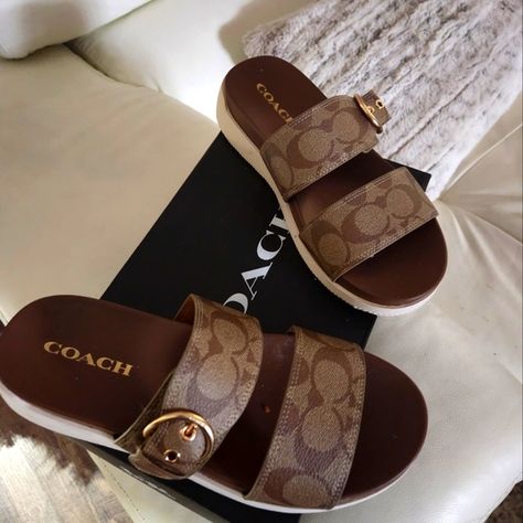 Ladies Coach sandals Coach Shoes Outfit For Women, Coach Sandals Outfit, Gucci Sandals Woman, Coach Women Shoes, Ladies Leather Sandals, Coach Slides, Coach Shoes Women, Fancy Sandals, Trendy High Heels