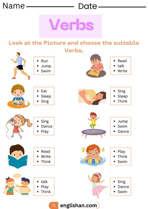 Verbs Worksheets in English - Choose the Suitable Action Verb Verb Exercises Worksheets, Identify Verbs Worksheet, Verbs Kindergarten Activities, Verbs Worksheet For Kindergarten, Verb 1 Verb 2 Verb 3, Kg2 English Worksheets, Action Verbs Worksheet For Grade 1, Verb To Be Worksheets For Kids, Verbs Activities For Kids