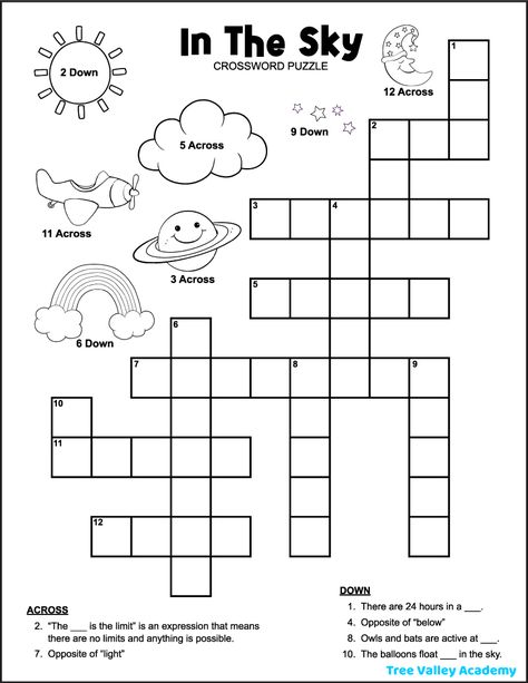 Free printable in the sky themed crossword puzzle for kids. The easy space crossword has 13 clues to solve: 7 picture clues and 6 text clues. The words to solve are 2nd-grade spelling words, making it a fun spelling and vocabulary activity for grade 2 students. The PDF is free to download and print and includes an answer page. Activities For Grade 2 Kids, Cross Words Puzzle For Kids, Science For 2nd Grade, Spelling Activities For 2nd Grade, Cross Word Puzzles For Kids, Stem Worksheets, Crosswords For Kids, Cross Word Puzzles, Crossword Puzzles Printable