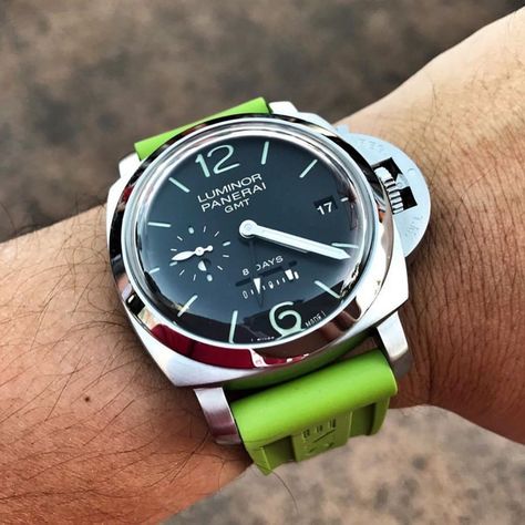 One of the very close to perfect #Panerai watches made. The #PAM233 Luminor Marina 8 Day GMT Dot Dial.  Love the bright green strap as well! Pic by buddy @lifeofawis #paneraicentral ... Panerai Watch Straps, Panerai Straps, Panerai Luminor Marina, Diesel Watch, Luminor Marina, Green Watch, Panerai Watches, Timex Watches, Retro Watches