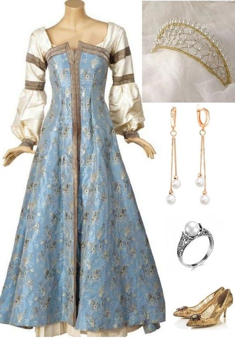 Russian Dresses Gowns, Medieval Princess Dress Blue, Medival Dresses Aesthetic Princess, Fairy Godmother Inspired Outfits, German Princess Dresses, Medieval Nightgown Aesthetic, Medieval Celtic Clothing, Mideival Dress, Medieval Princess Outfit