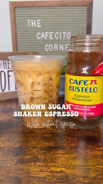 The Cafecito Corner ☕️ on Instagram: "You could never go wrong with a brown sugar shaken espresso and you don’t even need a fancy machine! I feel they taste quite delicious this way too! 🥹 • • ✨Ingredients & Instructions:✨ * Make instant espresso: 2 tsp of instant espresso & 4 TBS of hot or warm water * Add in 1 tbs of brown sugar and MIX WELL * Add in a dash of cinnamon (optional) * Add in ICE and splash of milk * SHAKEEEEE * Swap into new cup & top off w/ milk • #nespresso #starbucksathome #coffeetiktok #coffeerecipe #espresso #baristarecipes #coffeebar #brownsugarshakenespresso #instantcoffee #starbucksdupe #cafebustelo #cafebusteloespresso #cafebustelorecipe" Espresso Coffee At Home, Instant Expresso Recipe, Instant Cold Coffee Recipes, Coffee Recipes With Instant Coffee, Instant Espresso Powder Recipes, Drinks With Instant Coffee, Oatmilk Shaken Espresso Recipe, Iced Shaken Espresso Recipe, Instant Cafe Bustelo Recipe